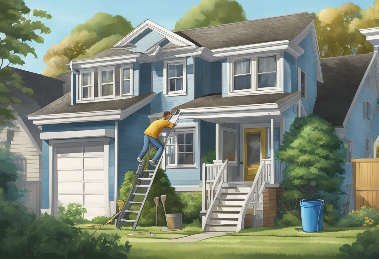 A ladder leaning against a house, with a person reaching up to clean gutters. A bucket and cleaning tools are nearby. The scene is set in a suburban neighborhood with trees and houses in the background