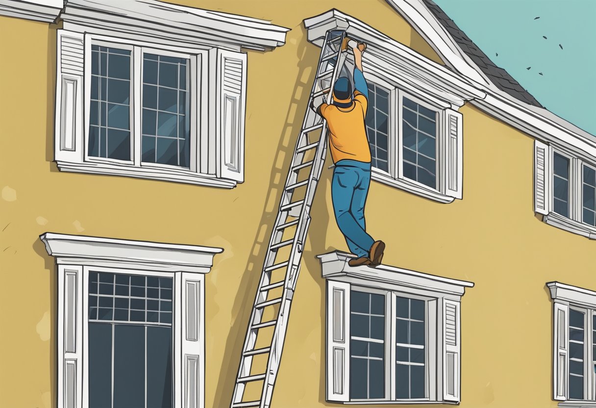 A ladder leaning against a house, with a person's hand reaching up to clean out debris from the gutters