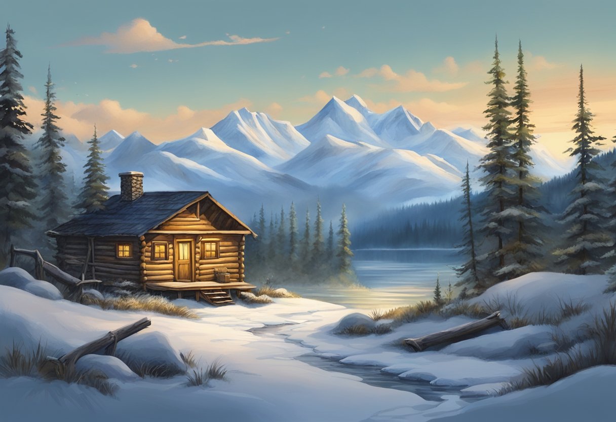 The Alaskan bush landscape is desolate, with snow-covered mountains and dense forests. A rustic cabin sits in the clearing, surrounded by wildlife tracks