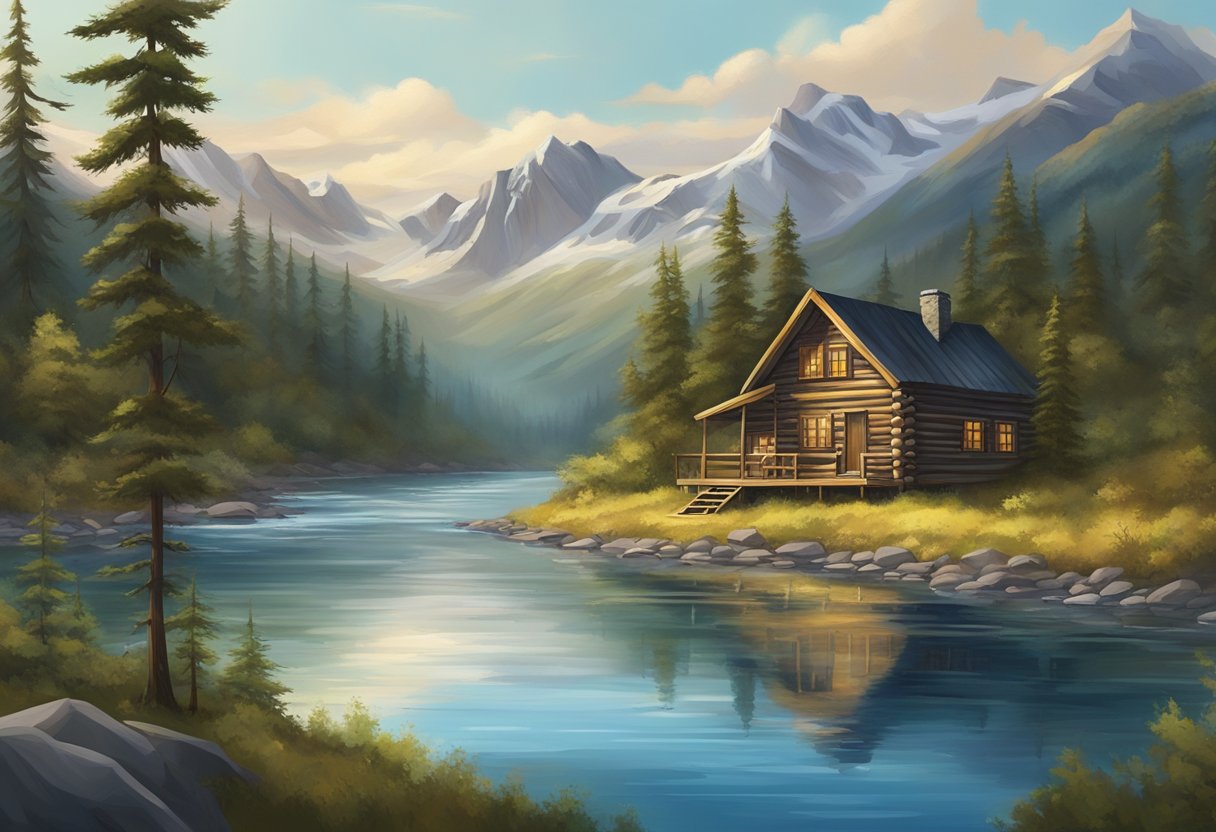 The remote Alaskan wilderness, with a rustic cabin surrounded by towering mountains and dense forests. A tranquil river flows nearby, reflecting the stunning natural beauty