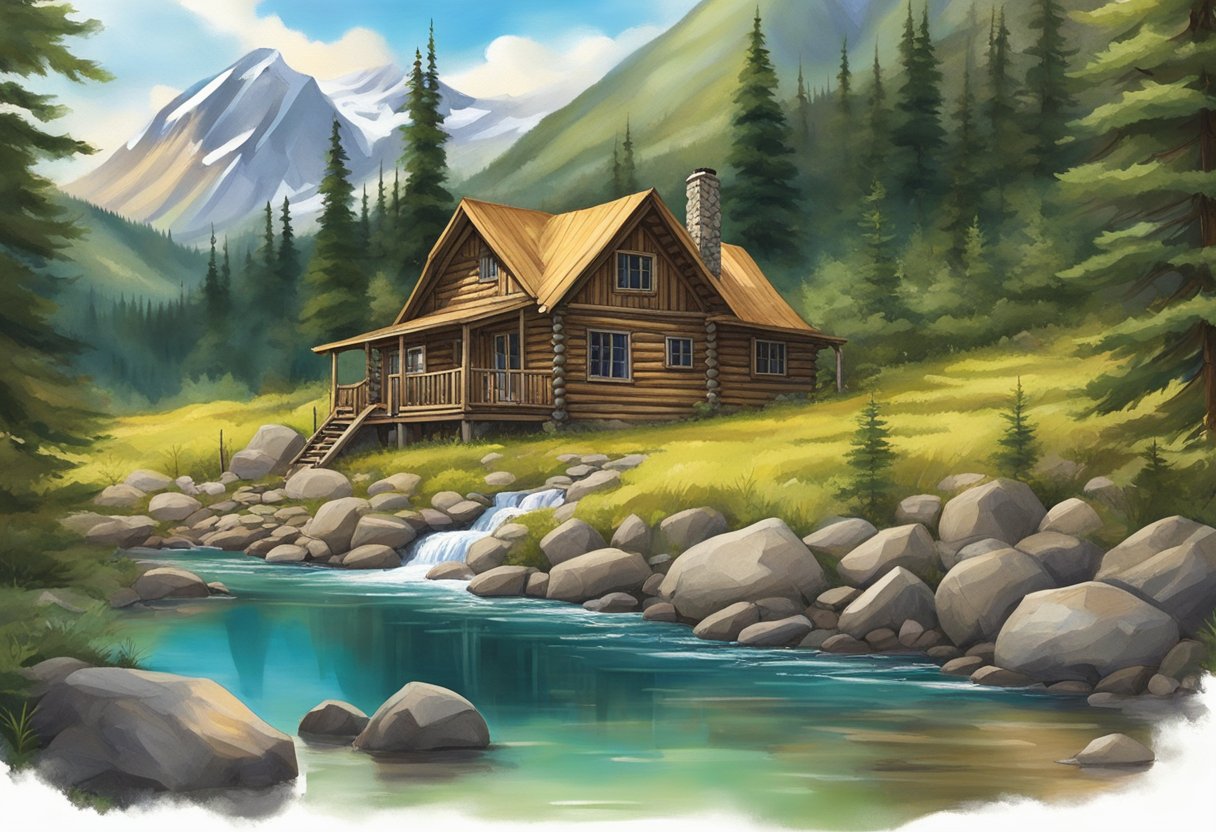 A rustic cabin nestled in the remote Alaskan wilderness, surrounded by towering mountains and dense forests. A small stream trickles nearby, and a family of wild animals roam freely