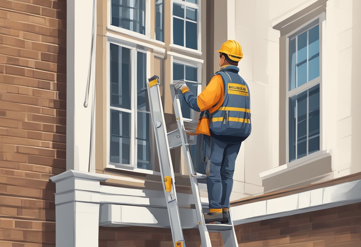 A figure wearing safety gear stands on a ladder, securing it to the gutter. They hold a bucket and tools, following safety regulations