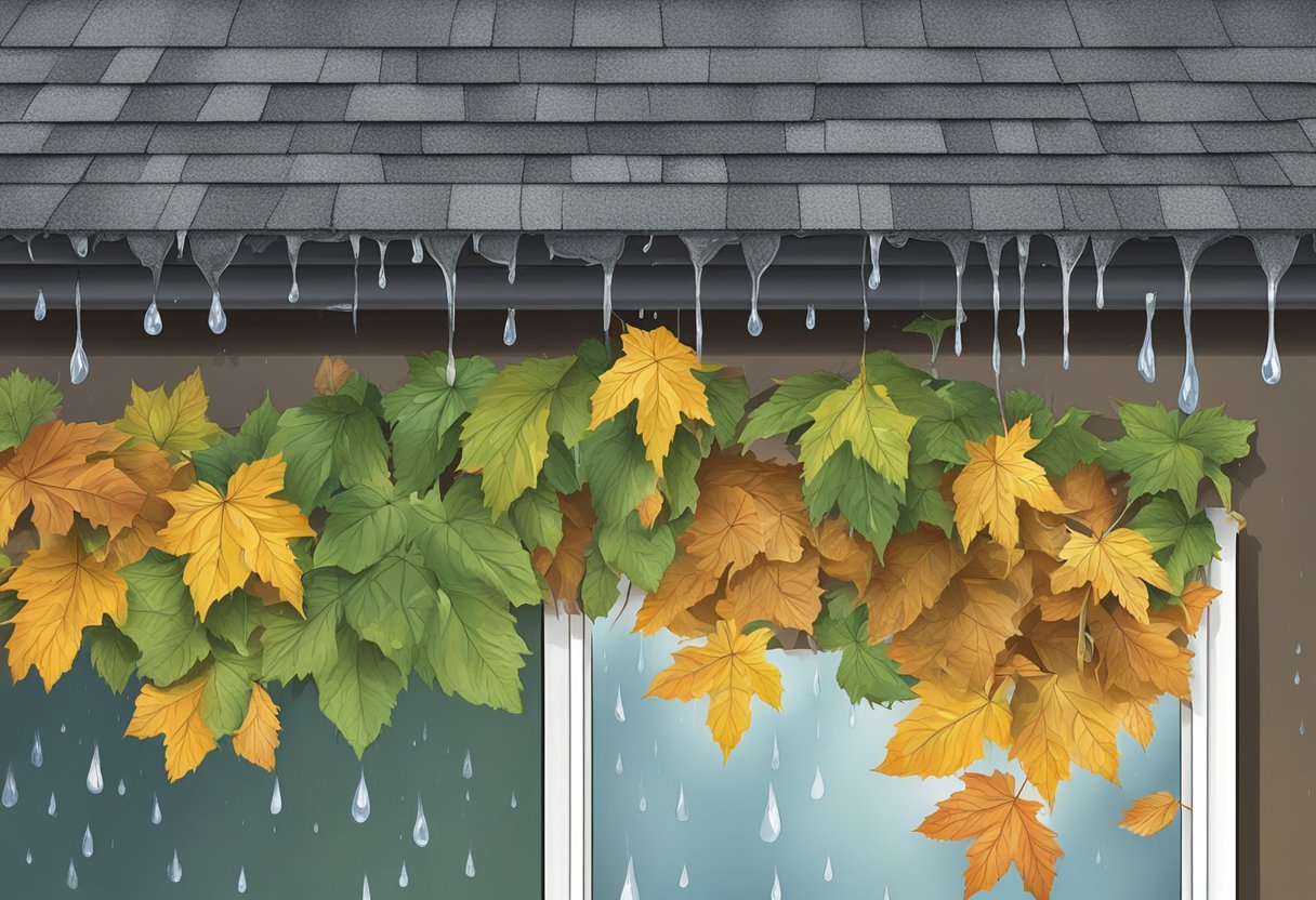 Leaves and debris clog gutters, causing water overflow. Rain pours down, highlighting the need for seasonal gutter cleaning in Vancouver, WA