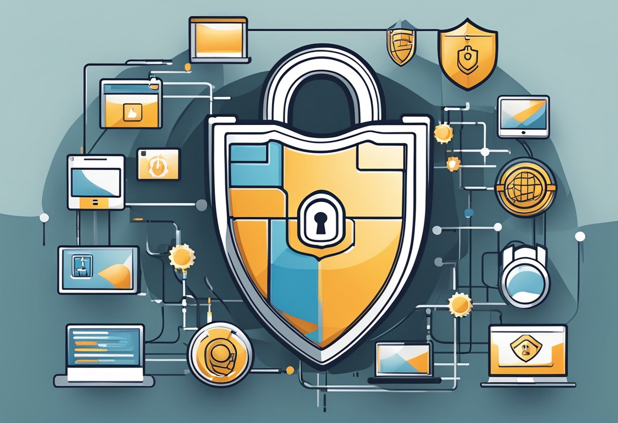 A padlock icon symbolizing internet security, surrounded by a shield and firewall, with a background of interconnected devices and data streams