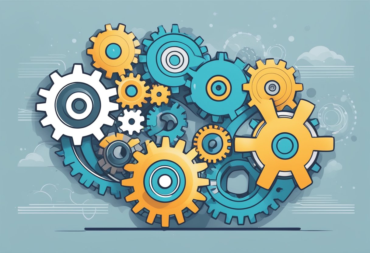A series of interconnected gears turning smoothly, each representing a different stage of the affiliate marketing funnel, with clear pathways leading from one to the next