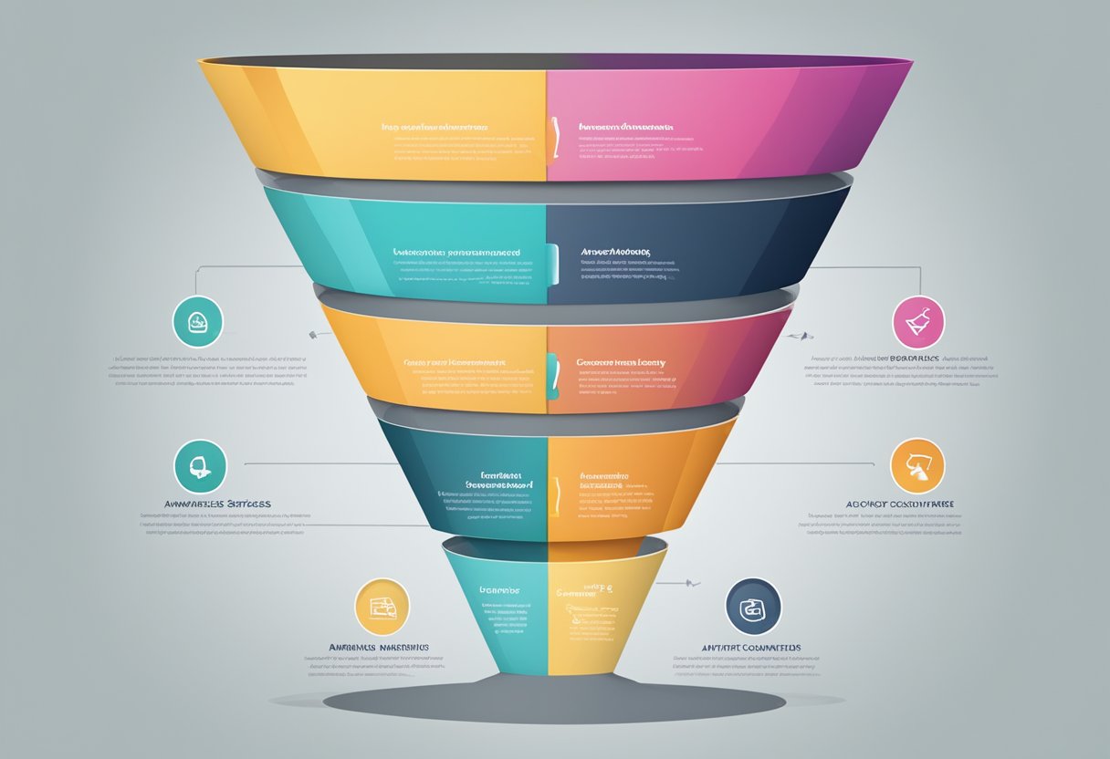 A funnel with various stages: awareness, interest, consideration, conversion, and loyalty. Each stage represents a step in the affiliate marketing process