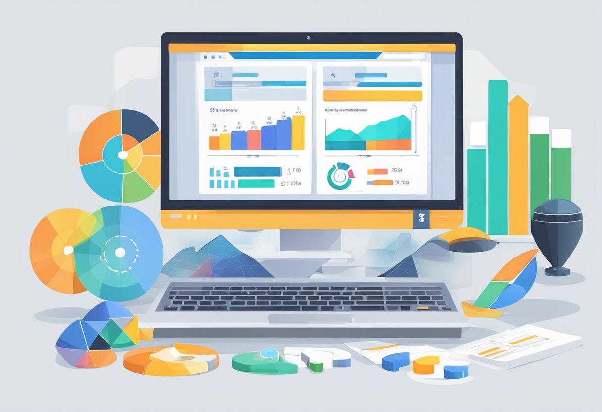 A computer screen displaying a step-by-step affiliate marketing funnel with various stages such as awareness, interest, decision, and action. Charts and graphs show successful conversion rates and revenue growth