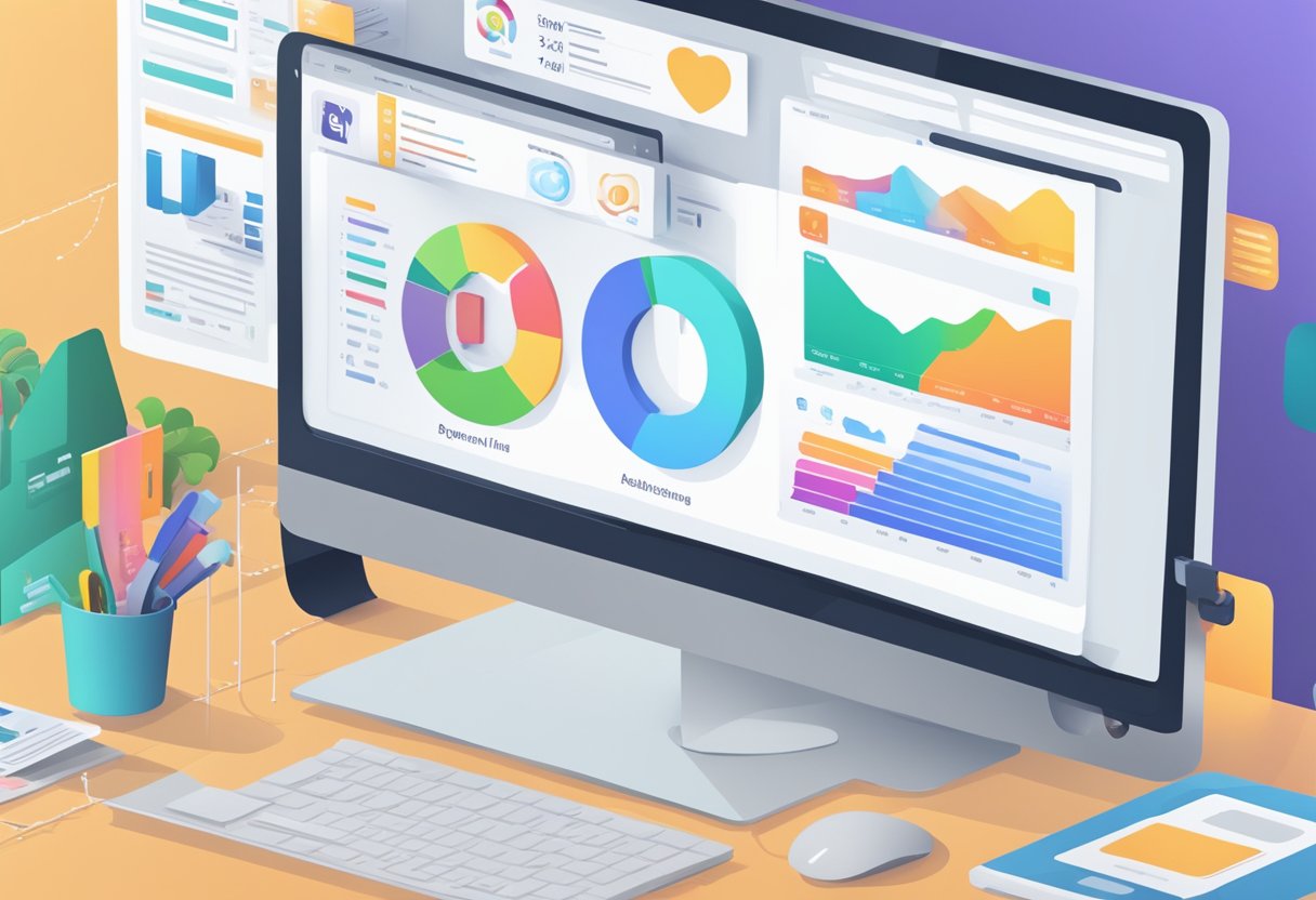 A computer with multiple tabs open, showing social media platforms, email marketing software, and affiliate product pages. Graphs and charts display engagement and conversion rates