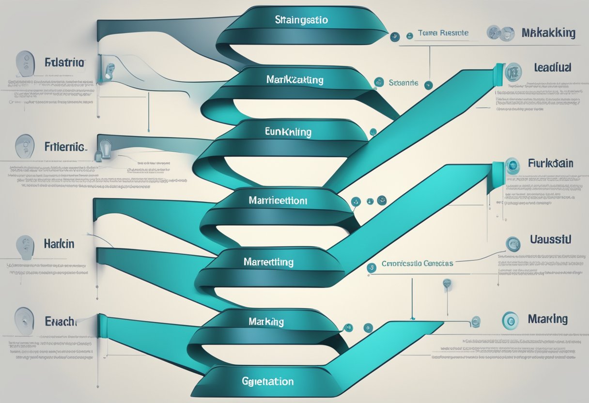 A series of interconnected funnels, each labeled with a specific lead generation or nurturing strategy, leading to a central point representing successful affiliate marketing