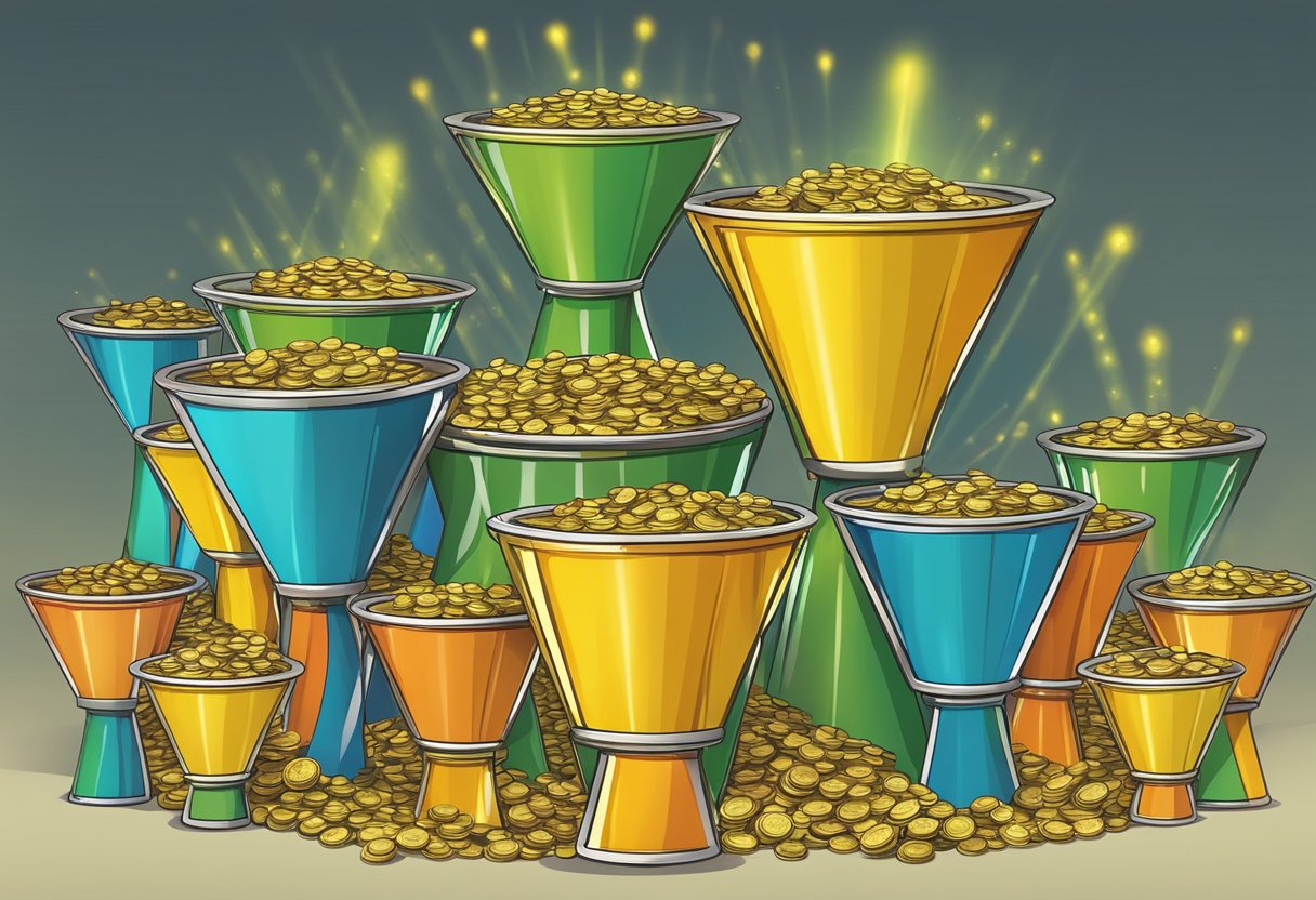 A series of interconnected funnels leading to a pot of gold, symbolizing successful affiliate marketing funnel for conversions and revenue growth