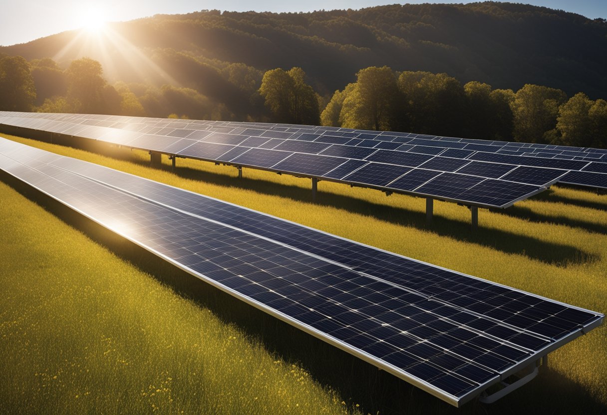 The sun's rays beam down onto a field of solar panels, generating clean energy