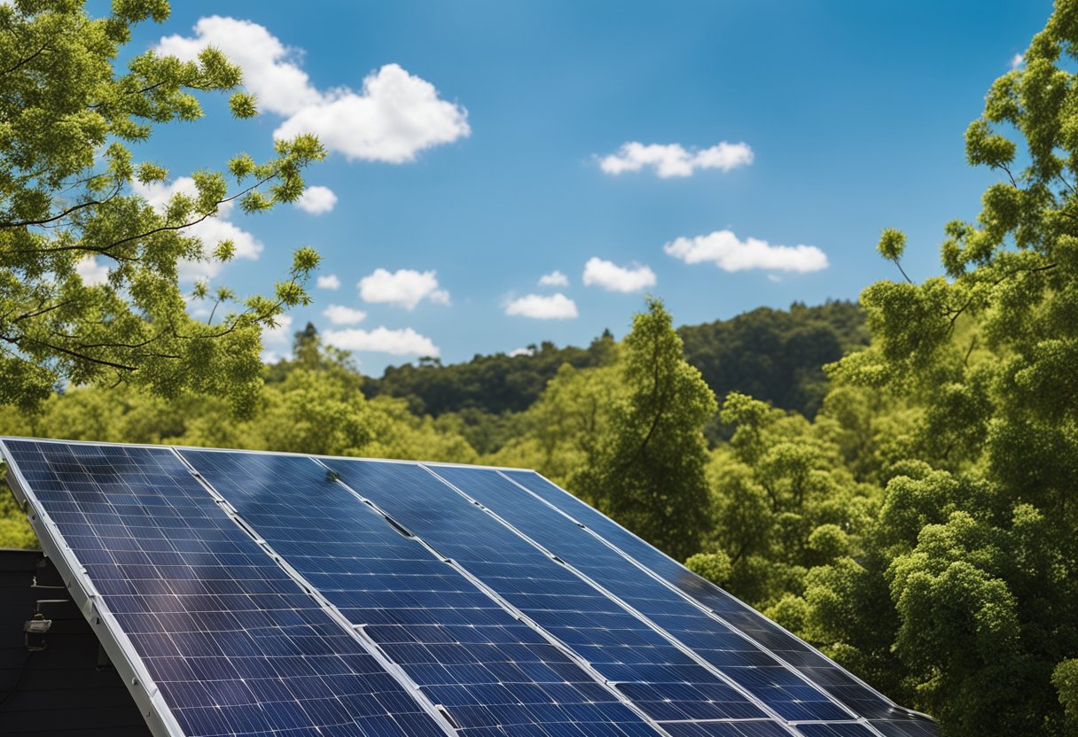 A sunny day with solar panels on a rooftop, generating electricity for a home. Trees and a clear blue sky in the background