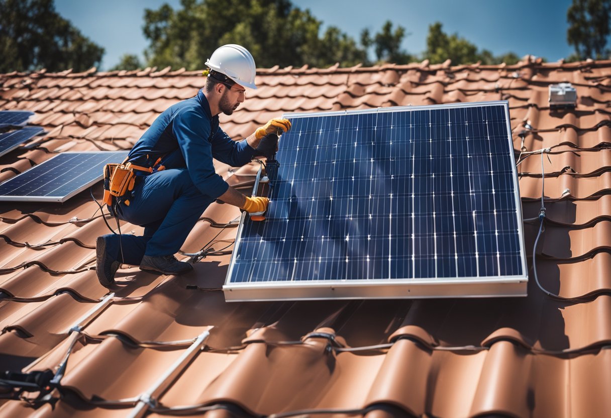 A technician installing solar panels on a rooftop, connecting wires and adjusting the angle for maximum sunlight absorption