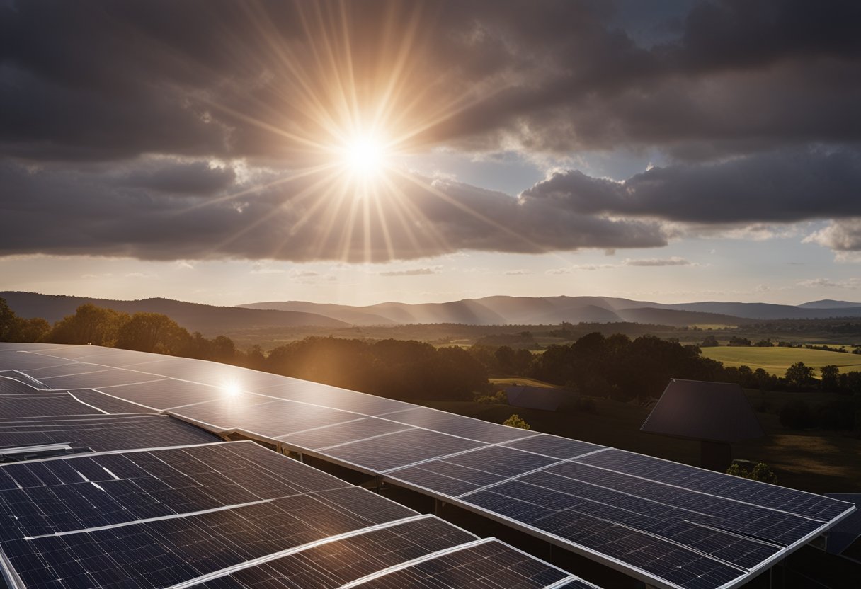 A bright sun shines down on solar panels, with government policies and incentives displayed in the background