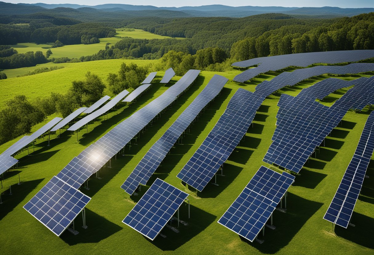 A solar panel array basking in the sunlight, surrounded by green landscapes and blue skies, symbolizing the challenges and opportunities in the solar energy market