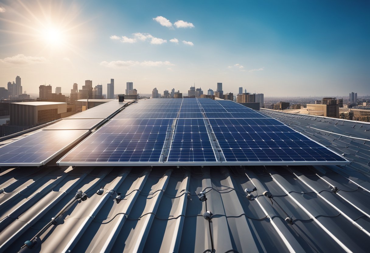 A solar panel on a rooftop, surrounded by bright sunlight with a clear blue sky in the background