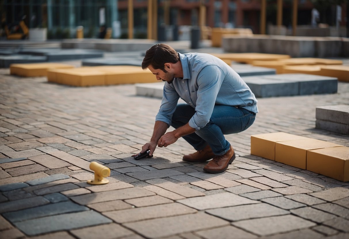 A person choosing the wrong base material for pavers, surrounded by various options and caution signs