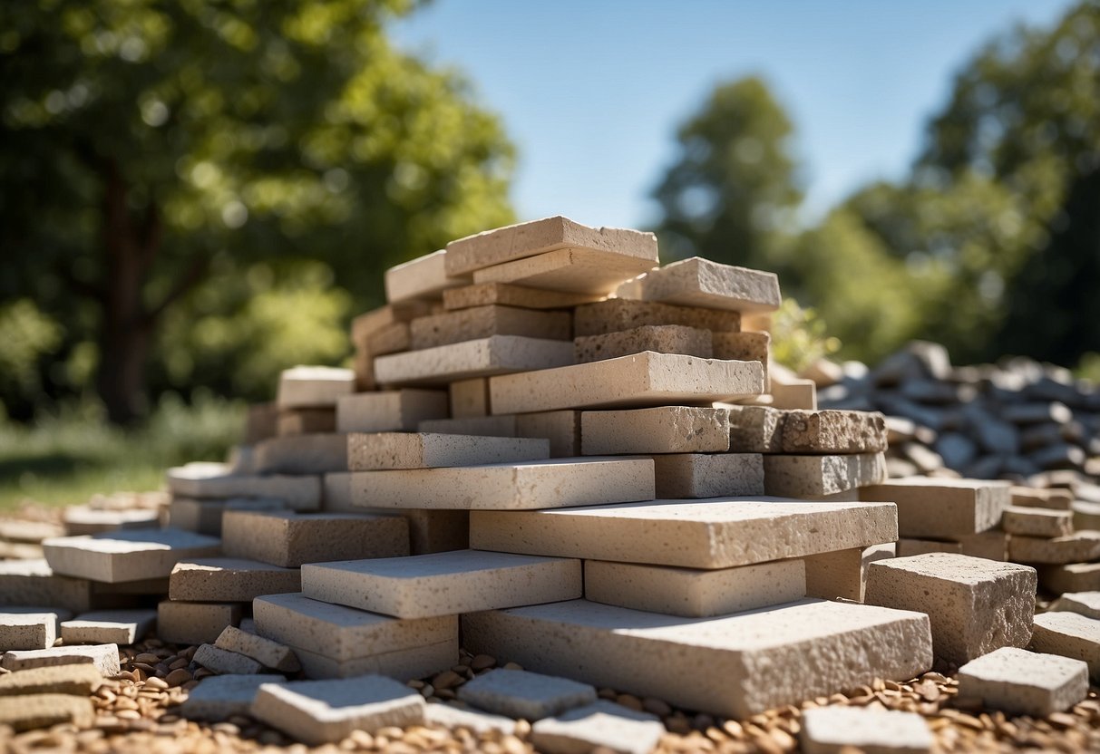 A pile of various base materials for pavers, surrounded by trees and wildlife, with a clear blue sky overhead