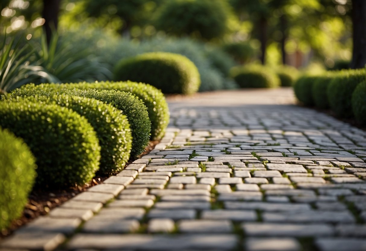 A lush green landscape with sustainable base materials being used for eco-friendly pavers, surrounded by trees and natural elements