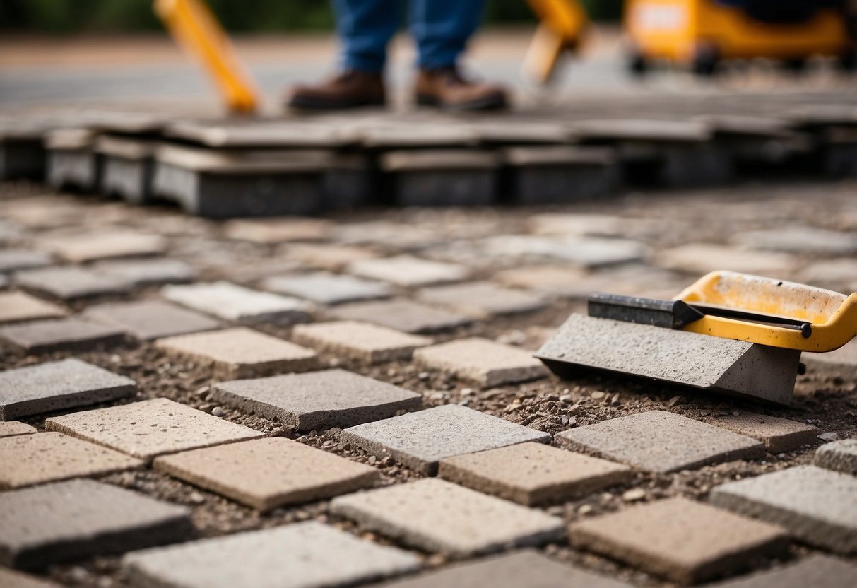 A paver installation site with varying base materials to show impact on longevity. Sand, gravel, and soil layers visible