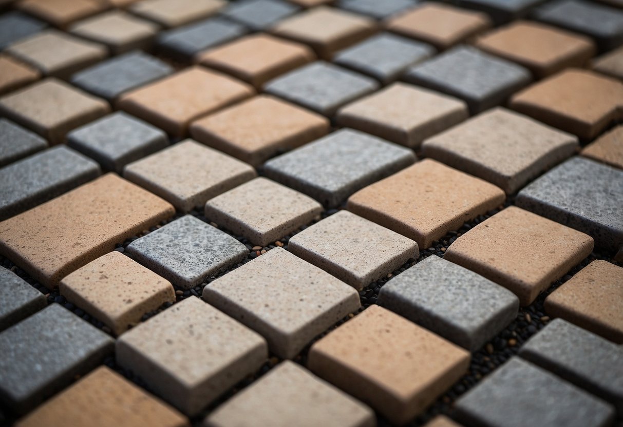 A variety of paver base materials are displayed, including gravel, sand, and synthetic options. Innovative materials are showcased for paver installation