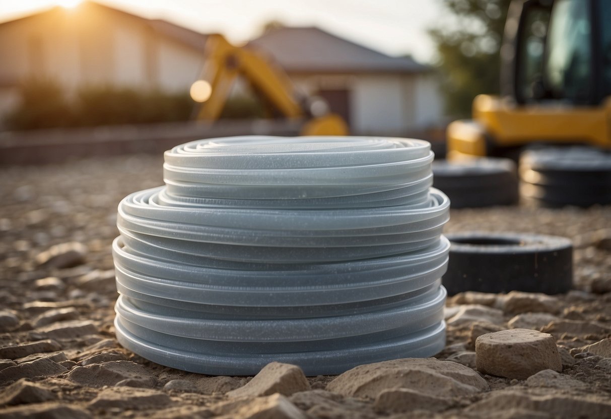 A roll of flexible plastic edge restraints lies next to a pile of pavers on a prepared base, ready for installation. Sand and gravel are visible in the background