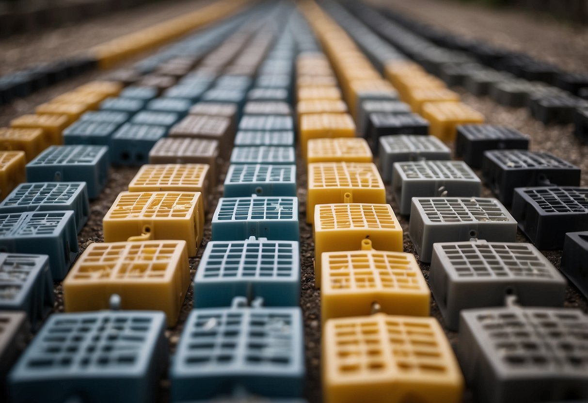 A variety of edge restraints, such as plastic, metal, and concrete, are laid out in a neat row, ready for use in a paver project