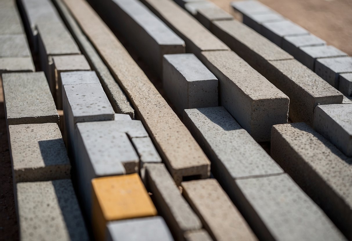 Various edge restraint materials (concrete, plastic, metal) for paver projects. Each type displayed in a row, with labels