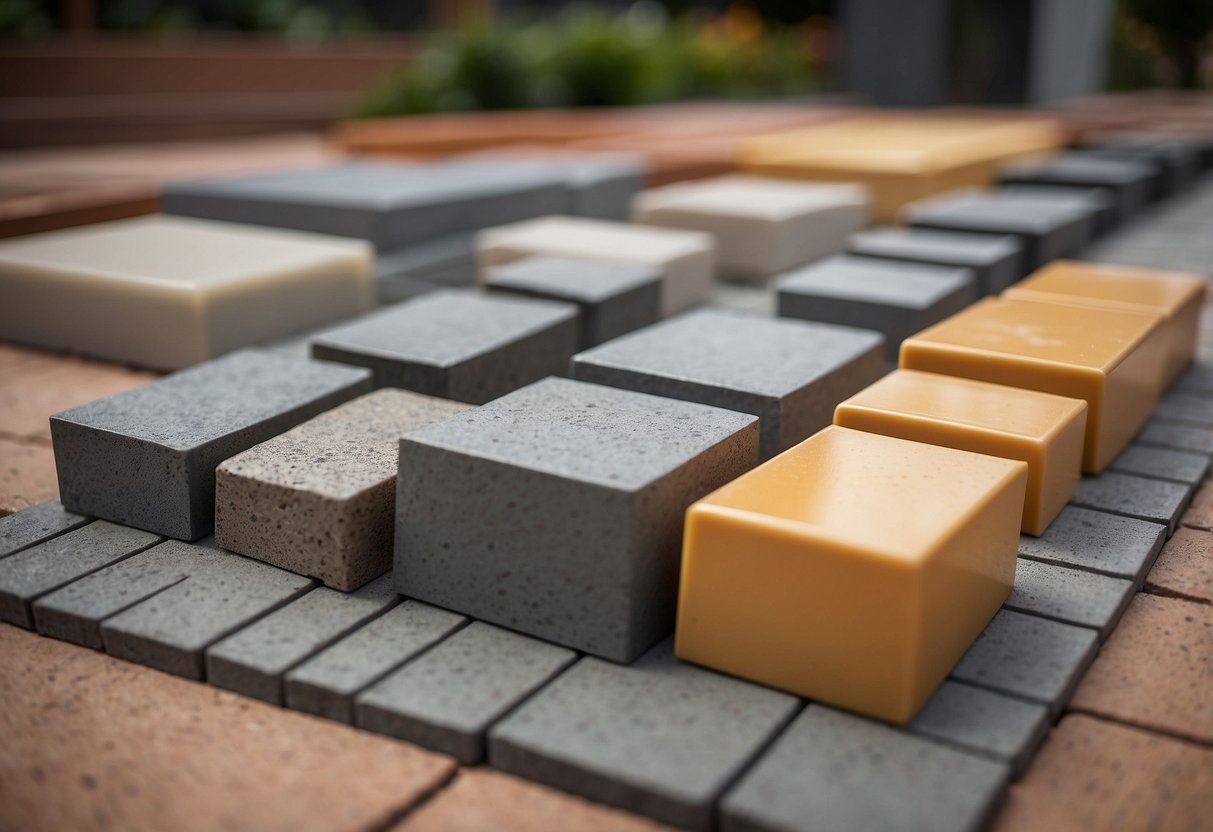 A variety of edge restraint materials - plastic, metal, and concrete - arranged next to paver samples