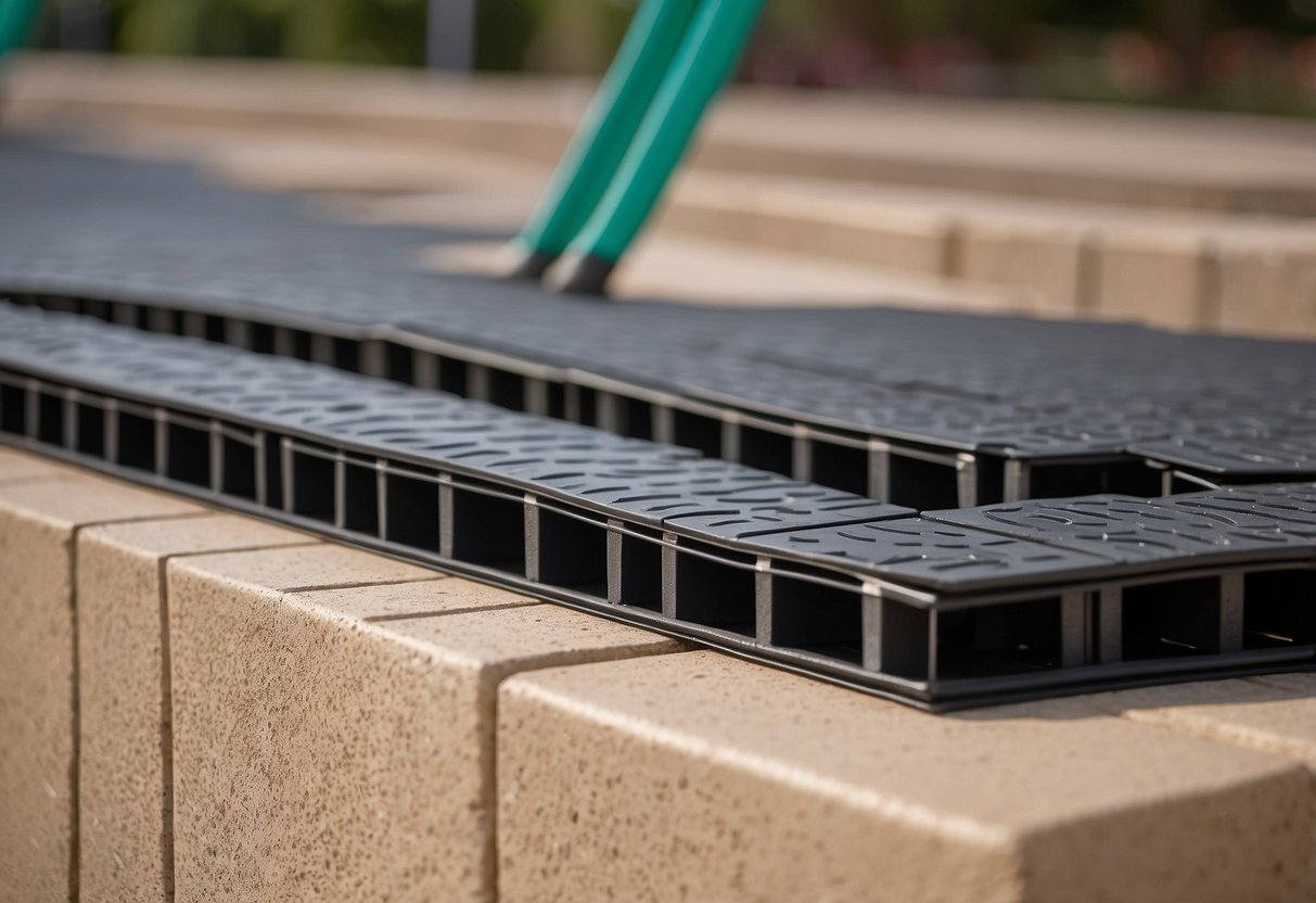 A variety of edge restraints are shown in use with pavers, including plastic, metal, and concrete options. Each type is being installed in a different section of the project, with clear labeling for easy identification