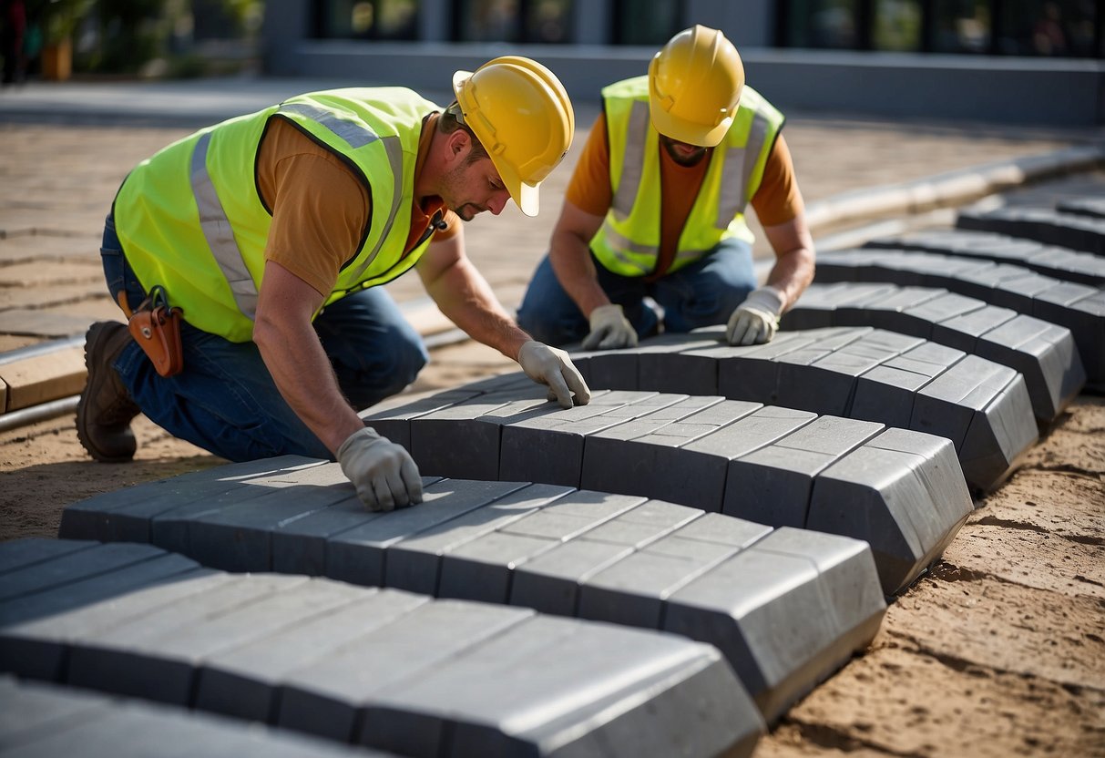 Workers lay down plastic edge restraints around pavers. They prepare the site for installation