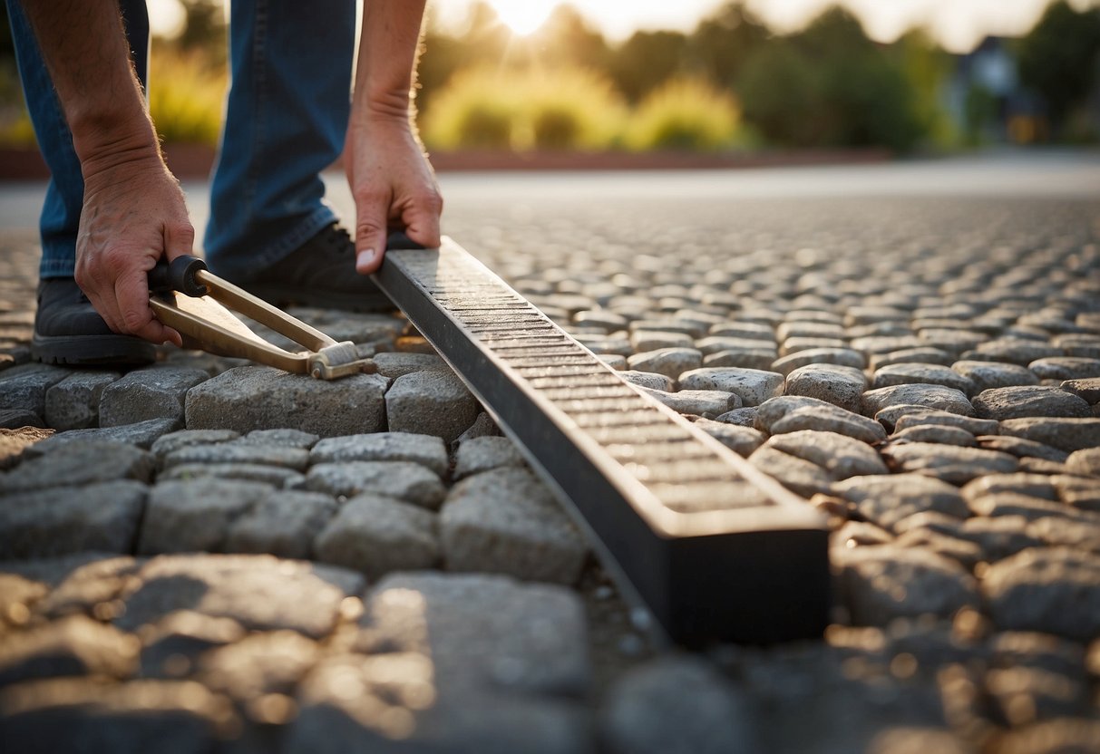 A hand holding a plastic edge restraint. Pavers and a rubber mallet on the ground. Sand and gravel nearby