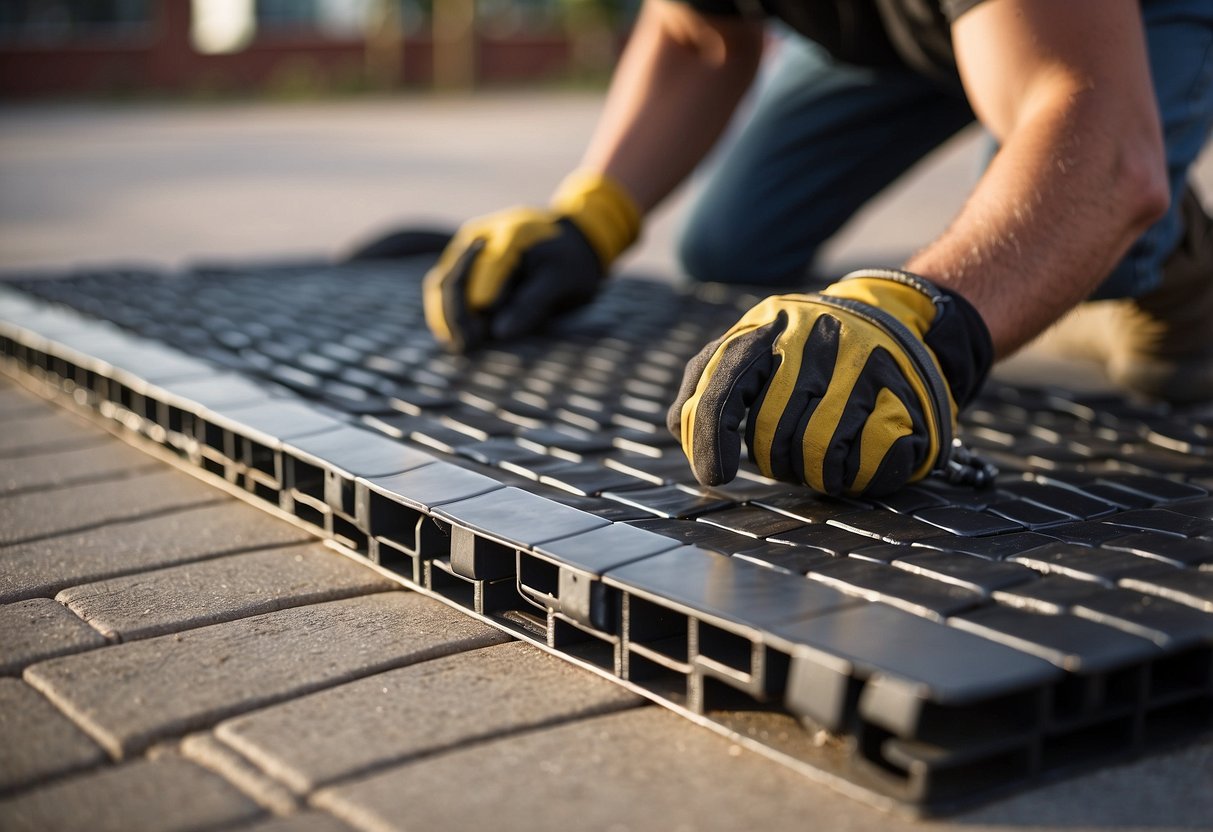 A worker lays plastic edge restraints around a base for pavers