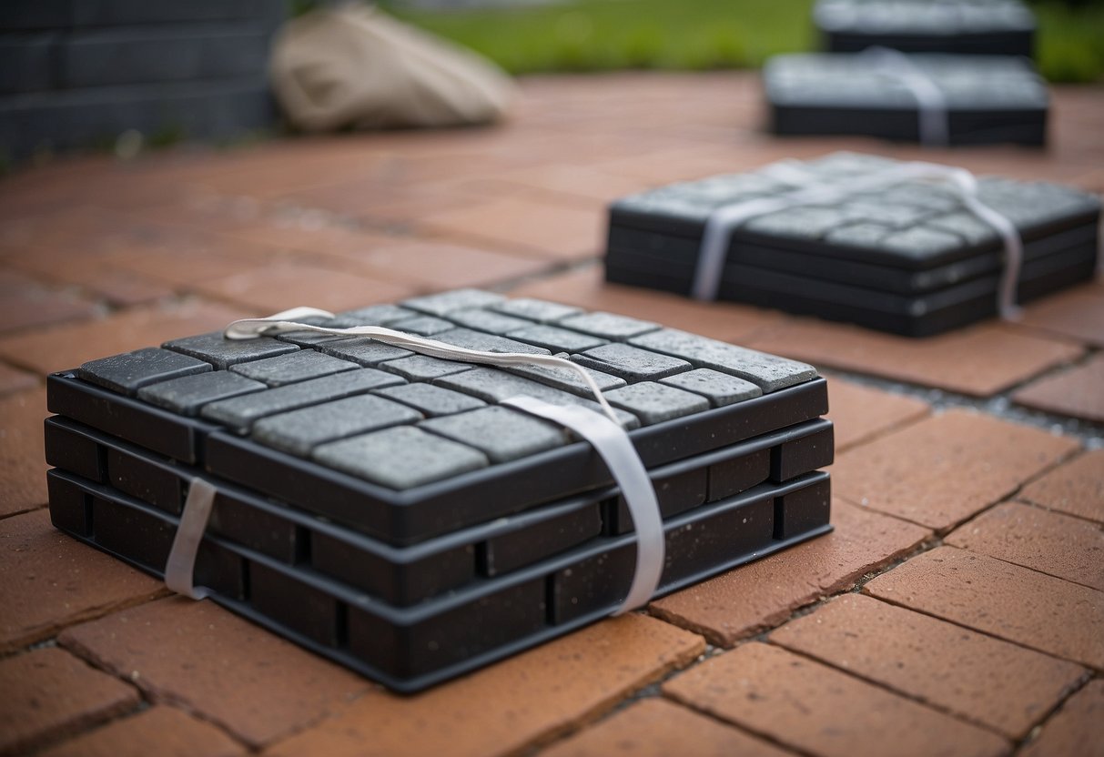 Pavers being laid with plastic edge restraints installed nearby