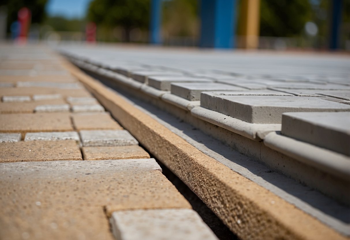 Concrete edge restraints are placed alongside pavers, securing them in place. Installation involves compacting and leveling the base material, then securing the edges with concrete restraints