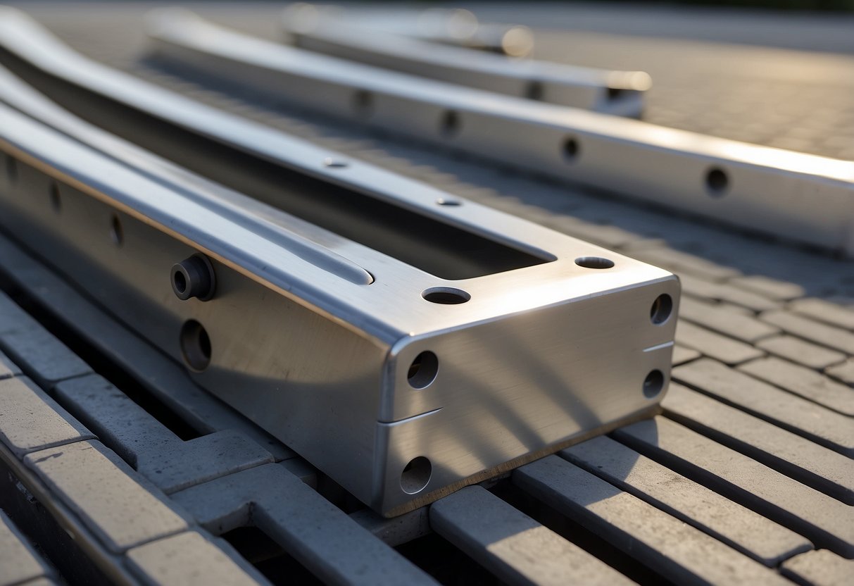 Aluminum edge restraints for paver systems: strong, durable, and lightweight. Showcase the sleek, metallic material in a clean, modern outdoor setting