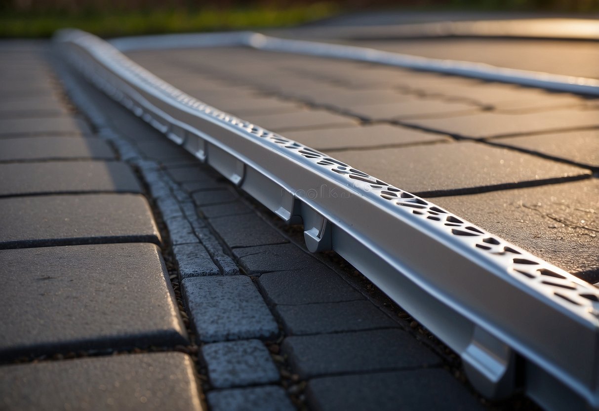 Aluminum edge restraints secure paver system. Smooth surface, durable material. Enhances performance and longevity