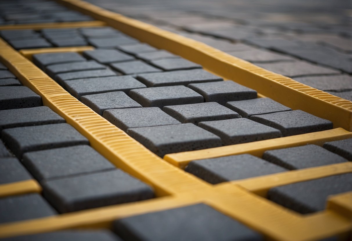 Paver installation scene with secure edge restraints, proper spacing, and compacted base