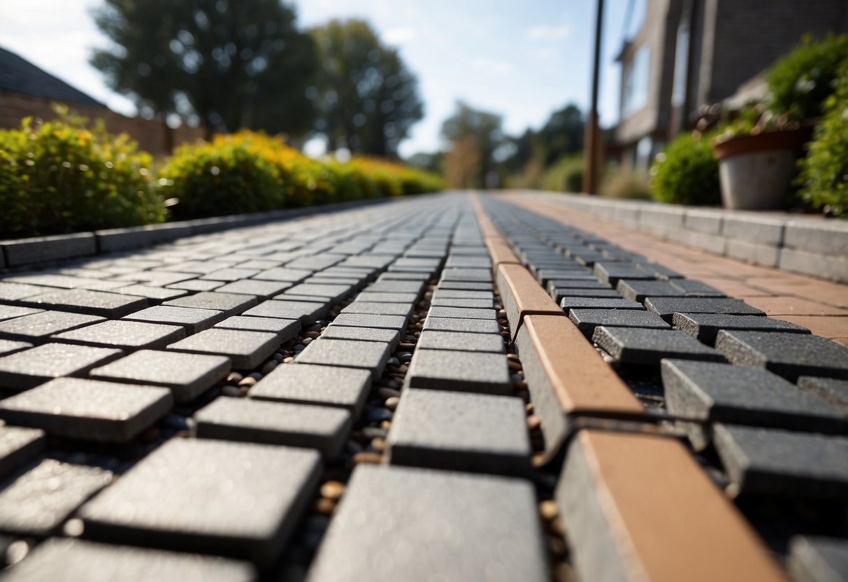 A landscape with pavers being laid, edge restraints secured with spikes, and proper spacing for expansion joints