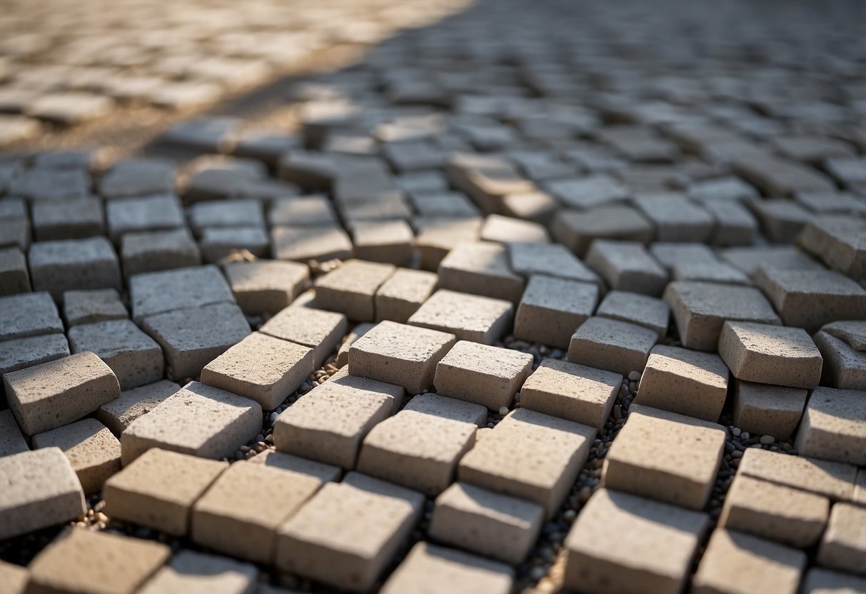 Pavers laid out with edge restraints secured using best practices. Sand and gravel fill visible. No human subjects