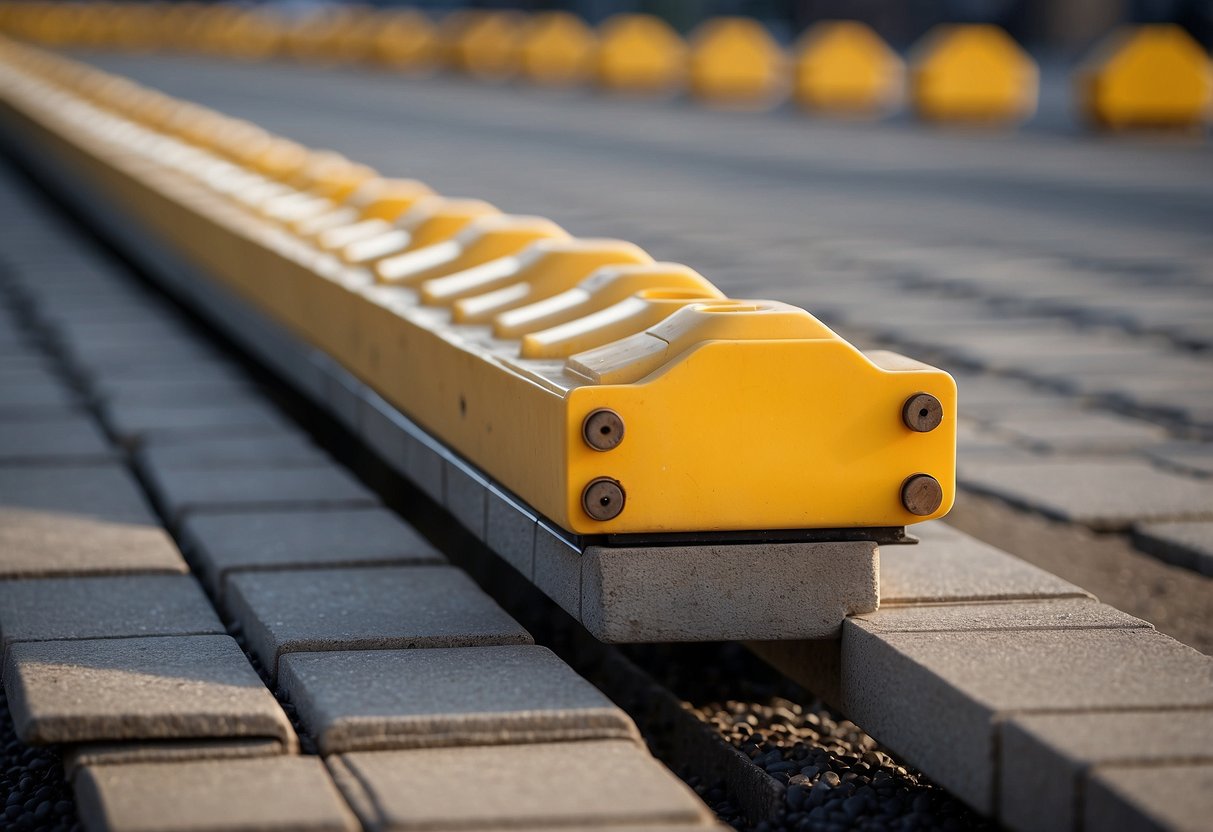 Pavers laid in a straight line with edge restraints secured using spikes and connectors. Sand or gravel base visible underneath