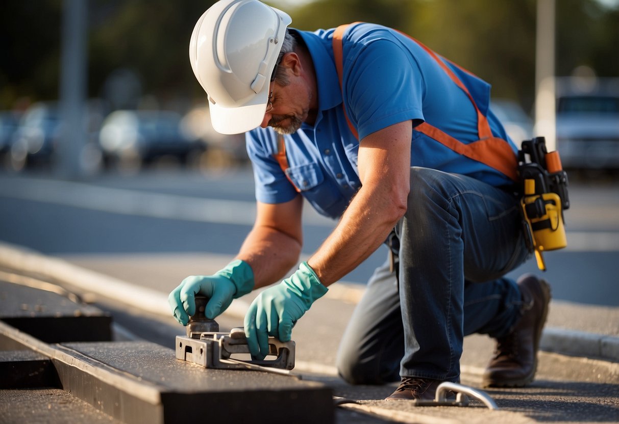 A worker is inspecting and repairing edge restraints on a paved surface. They are using tools and materials to ensure the longevity of the project