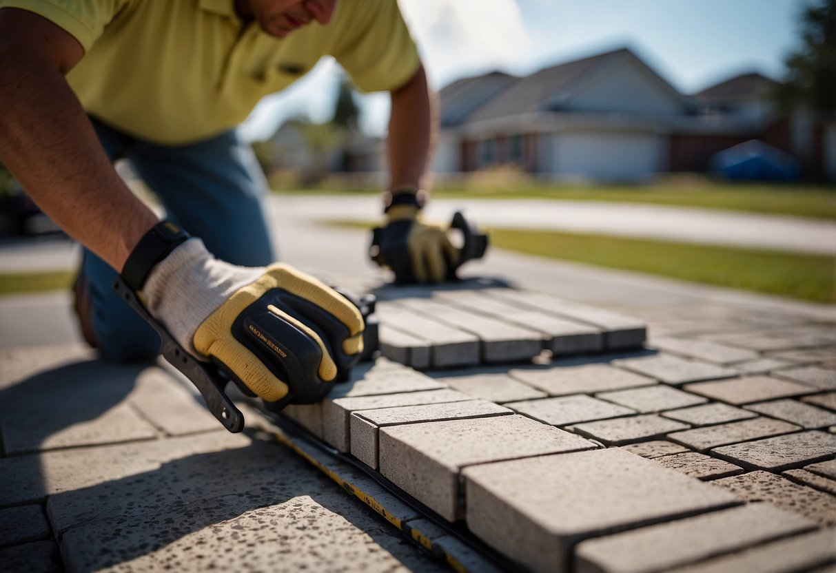 Paver edge restraints being inspected and adjusted for common issues. Tools and materials nearby for troubleshooting