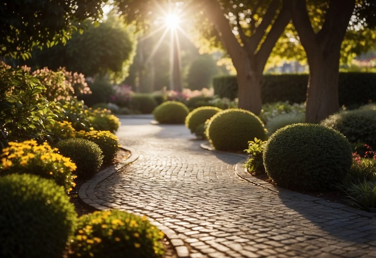 A paved walkway curves through a garden, bordered by decorative edge restraints. The sun casts shadows, highlighting the intricate design