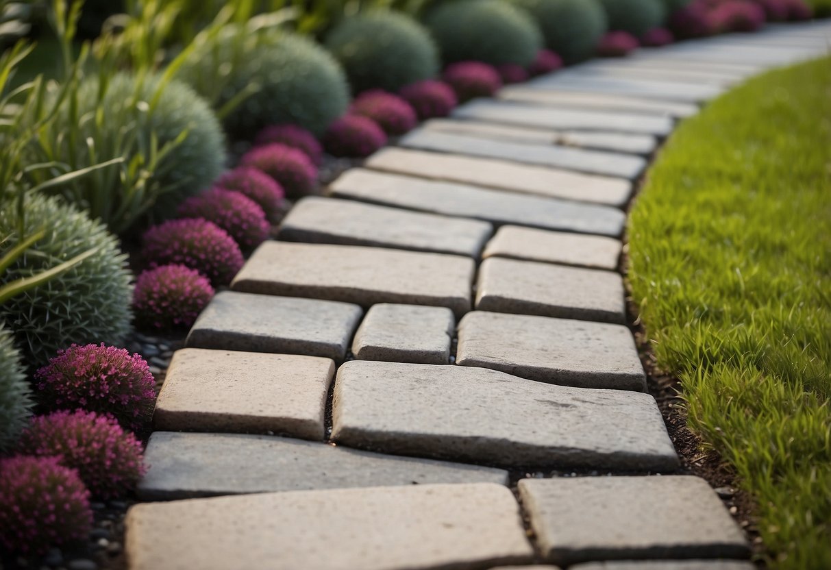 A garden pathway with decorative edge restraints for pavers, showcasing the integration of aesthetically pleasing designs with functional elements for enhanced visual appeal