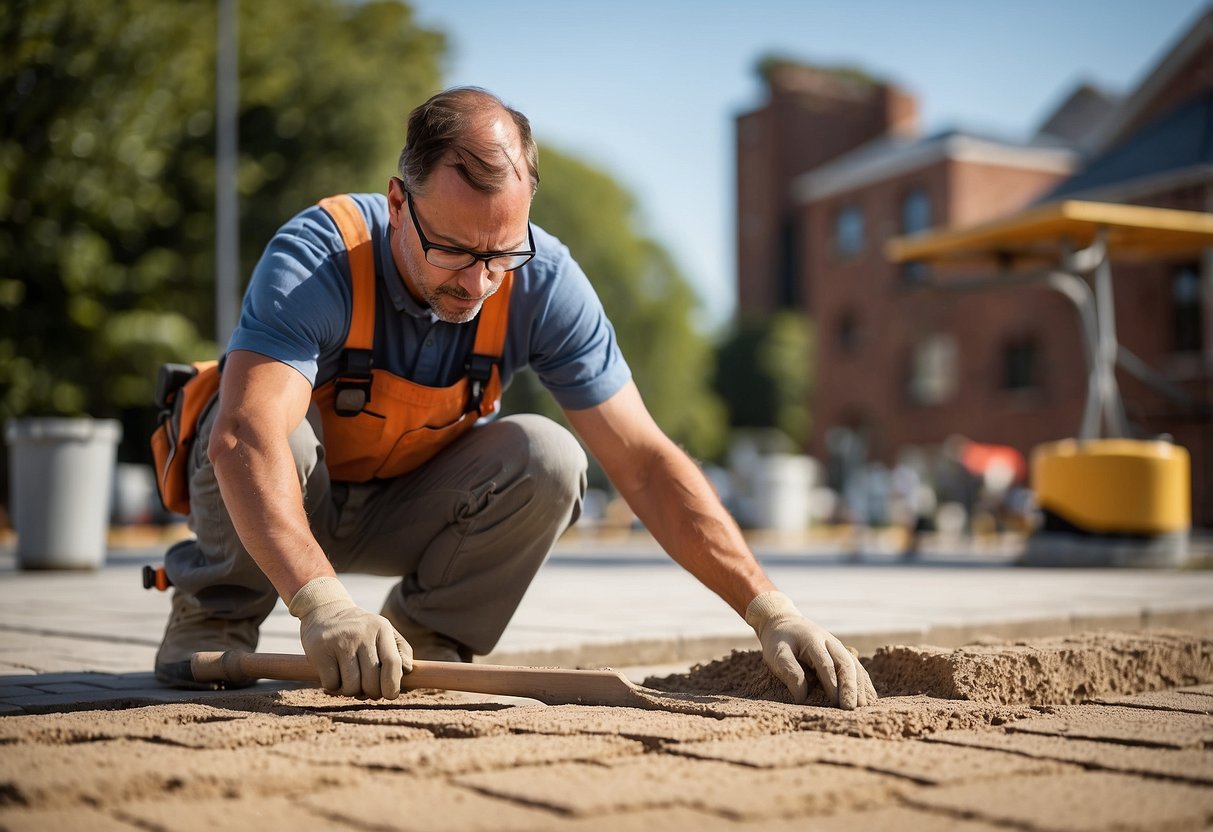 A worker spreads jointing sand between pavers, ensuring proper installation and stability