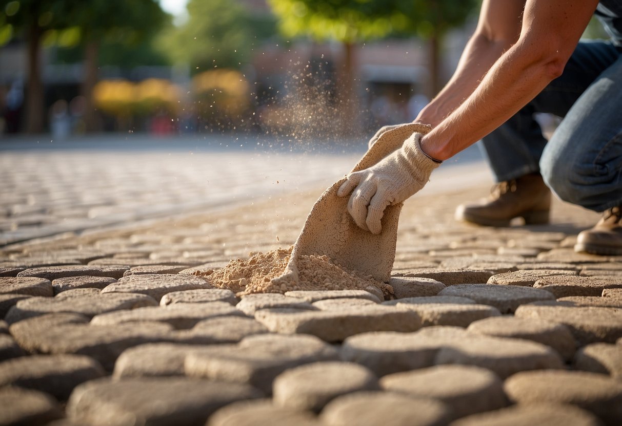 A bag of jointing sand pouring between pavers, filling the gaps evenly. The sand creates stability and prevents movement in the paver installation