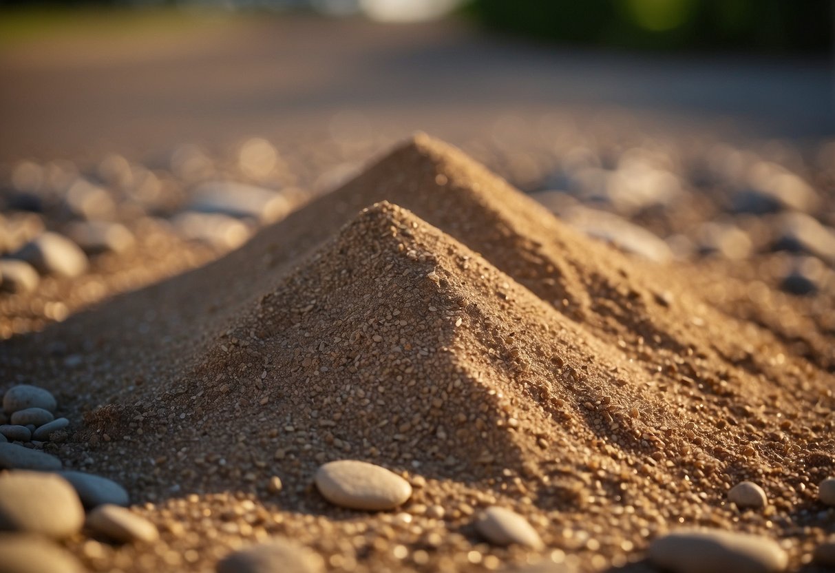 A pile of various jointing sands next to a paved walkway, showcasing the different textures and colors available. Sand bags and pavers nearby