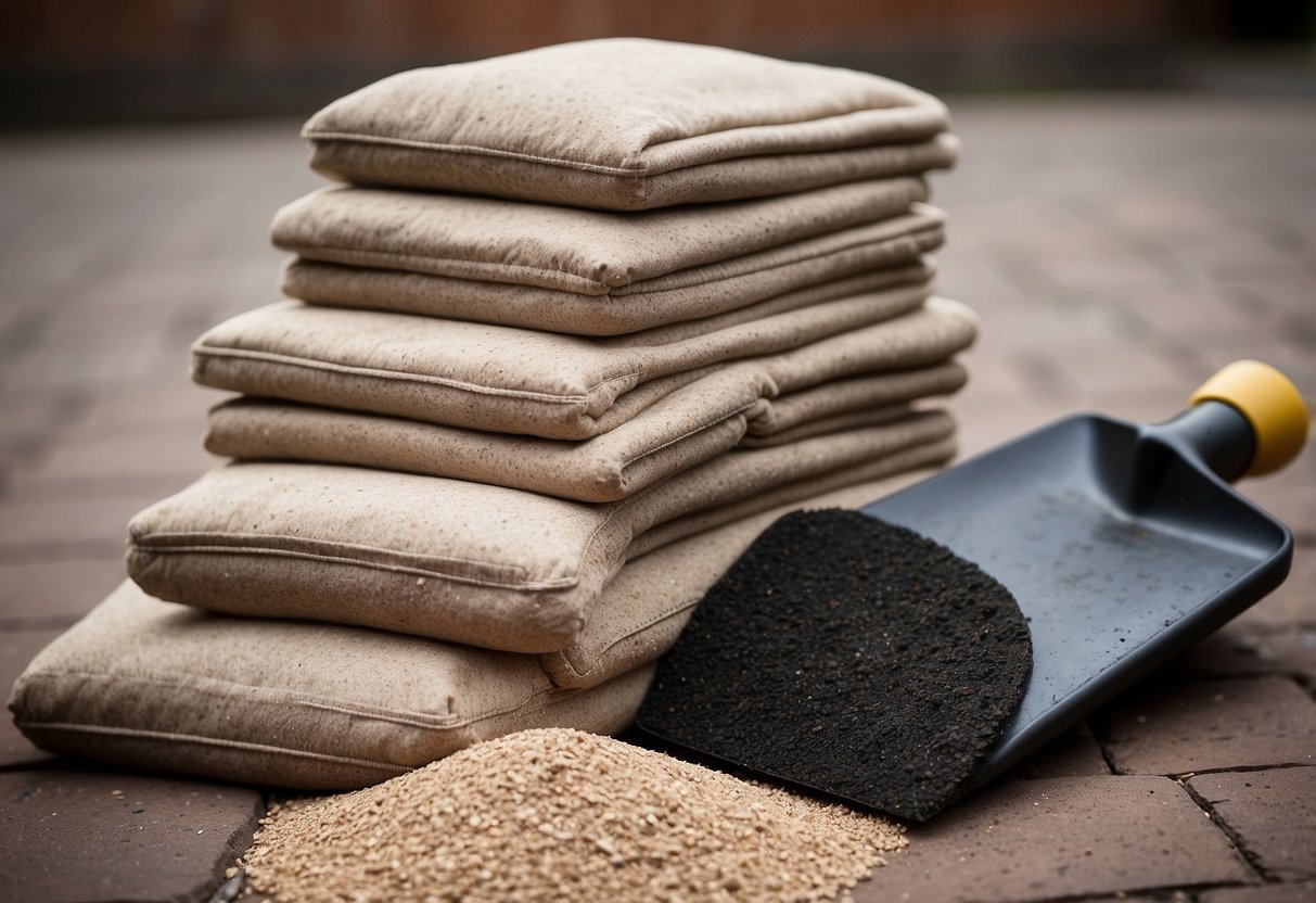 A bag of jointing sand sits next to a neatly arranged stack of pavers, with a trowel and broom nearby for application