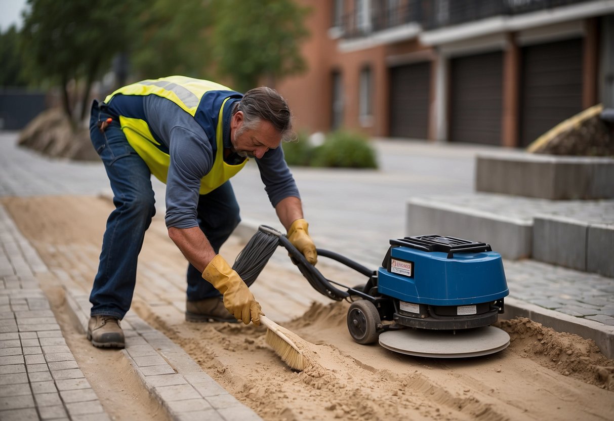 A worker spreads jointing sand between pavers using a broom, then compacts them with a plate compactor